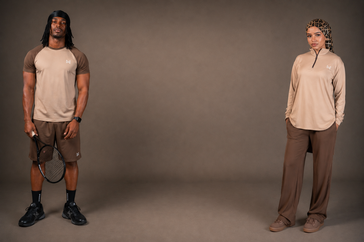 Motion sportswear: men’s sports set and women’s longline workout set